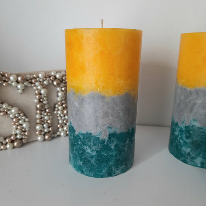 Teal Yellow Gray Pillar Candles. Layered Decorative candles