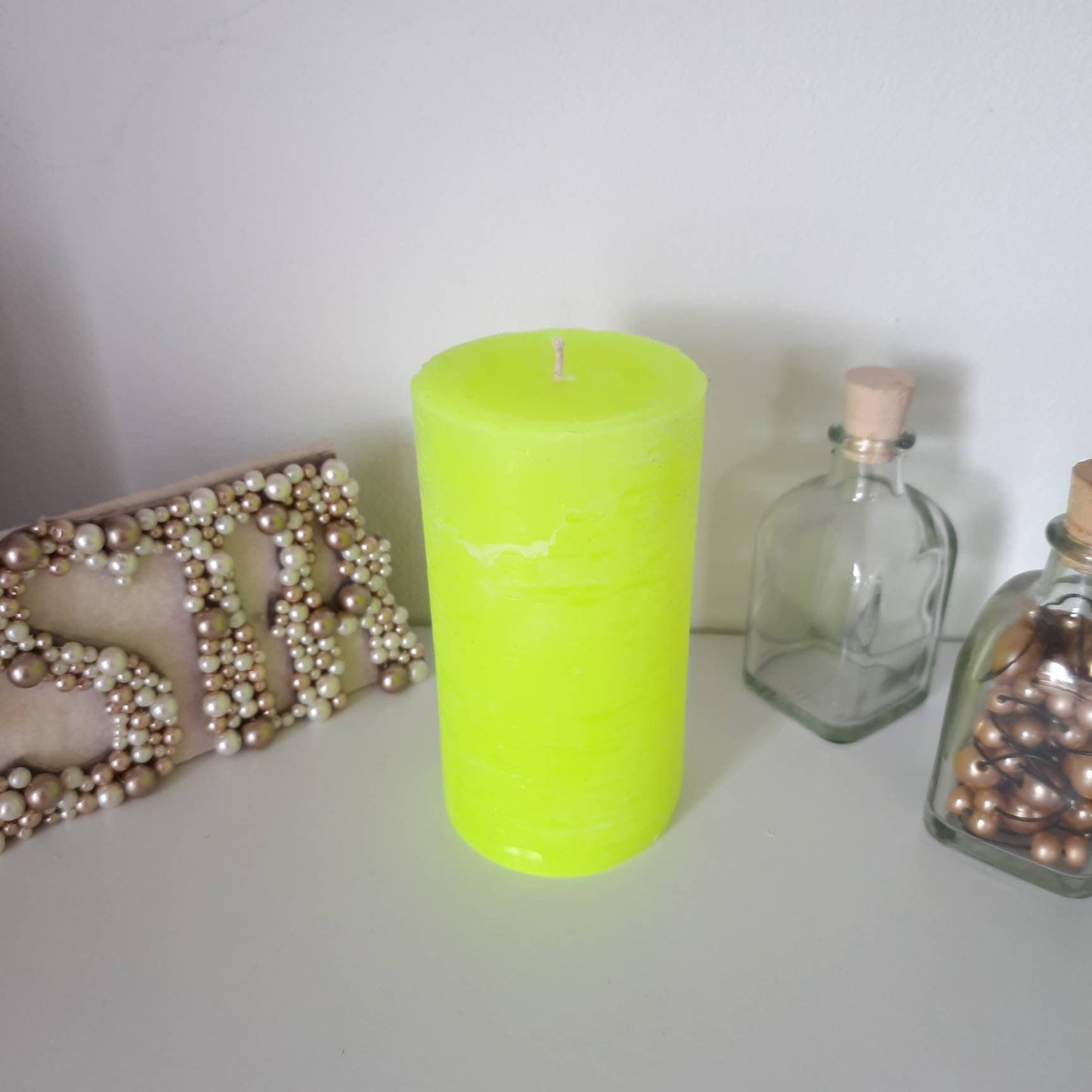 Neon yellow home decor. Fluorescent yellow candle. Rustic candles. Yellow pillar candles Unscented. Choose the size
