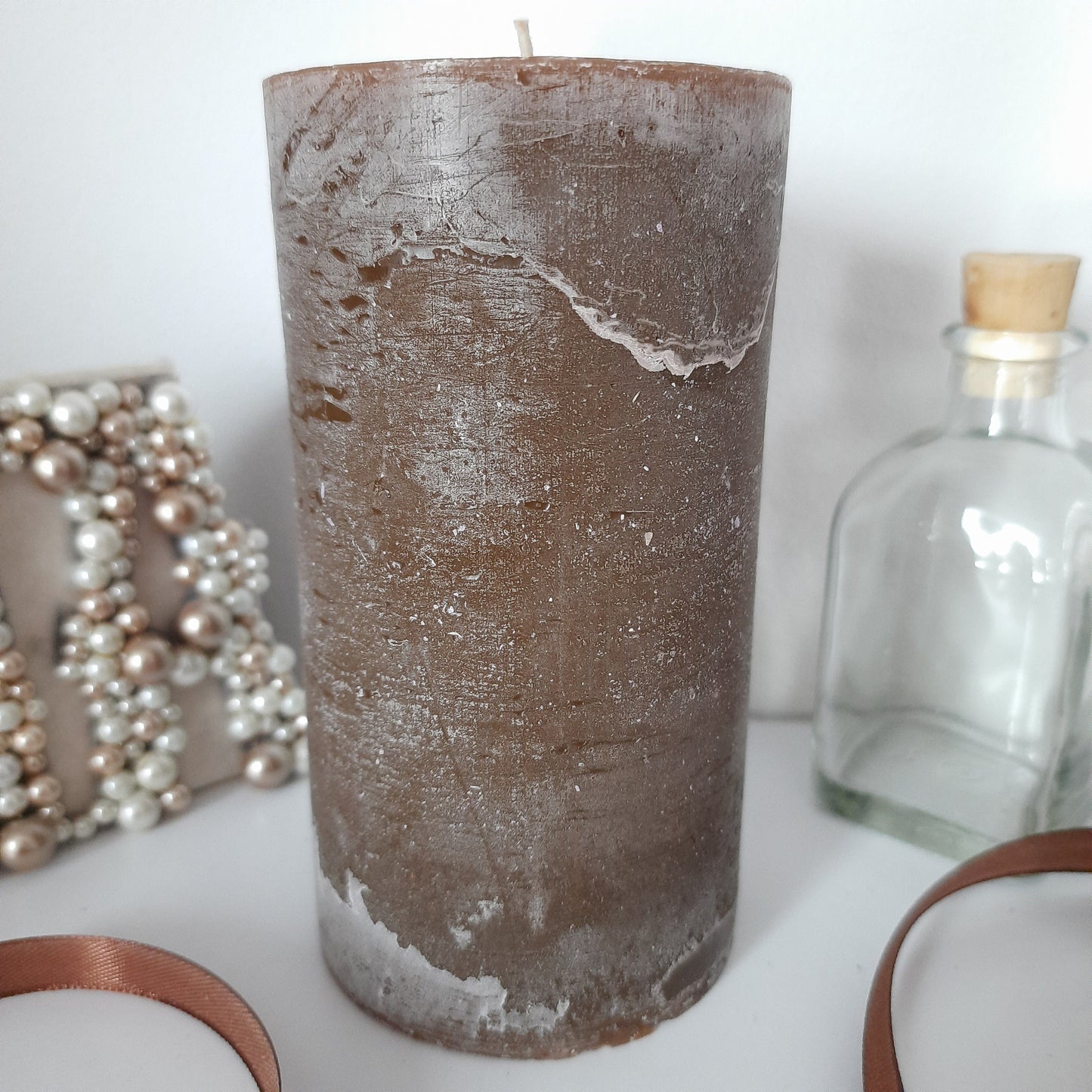 Dark Brown Pillar Candle - Unscented candle Rustic Textured  Decorative candles - Choose Size