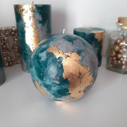 Teal Gray Gold  PIllar Candles, Unique candles for Teal Gray decor. Turquoise Decorative candle gift. Choose the size. Unscented candle