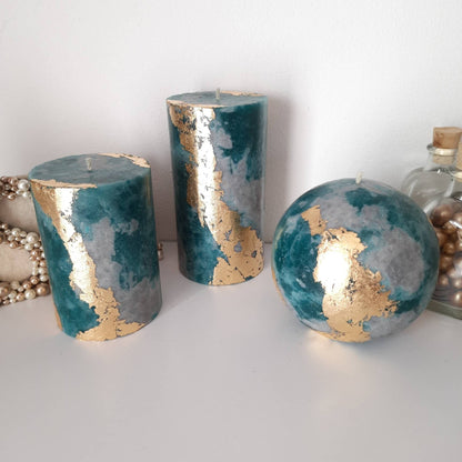 Teal Gray Gold  PIllar Candles, Unique candles for Teal Gray decor. Turquoise Decorative candle gift. Choose the size. Unscented candle