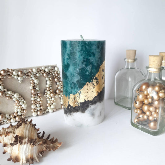 Gold Teal PIllar Candles, Unique candles for Teal decor. Turquoise Decorative candle gift. Unscented candles. Choose the size