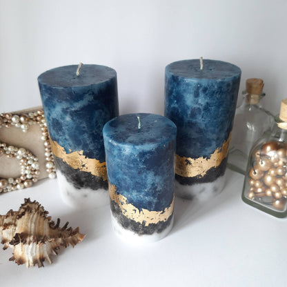 Navy blue pillar candles. Designer candle. Unique candle with gold decor.Unscented, choose size