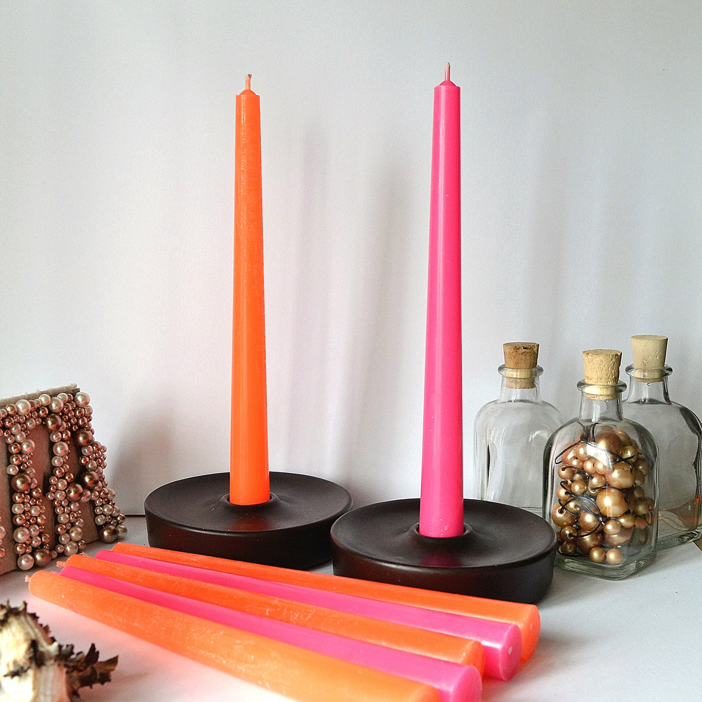 Neon taper candles. Set o 6 decorative candles sticks. Bright Hot Pink Orange Green Yellow Dinner candles 8 1/2" or 11"