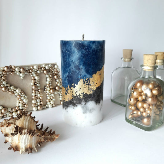 Navy blue pillar candles. Designer candle. Unique candle with gold decor.Unscented, choose size