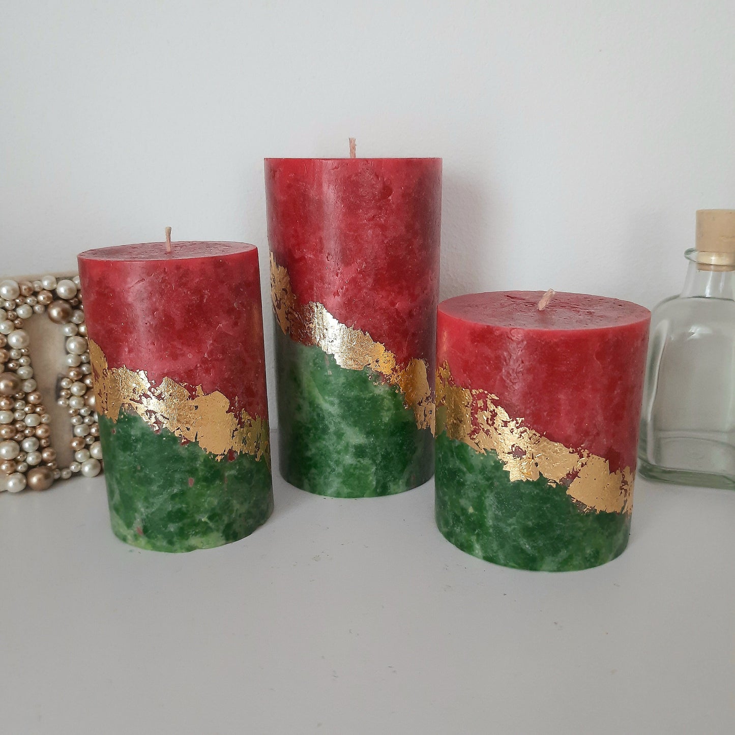 Christmas pillar candles. Christmas candle gift. Festive candles. Green red candles. Holiday candles for hygge christmas. Choose the size
