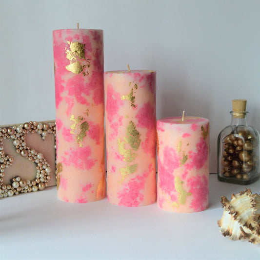 Set of 3 Rose gold candles.Pink peach pillar candles with gold decor. Designer candle Unique candle gift.