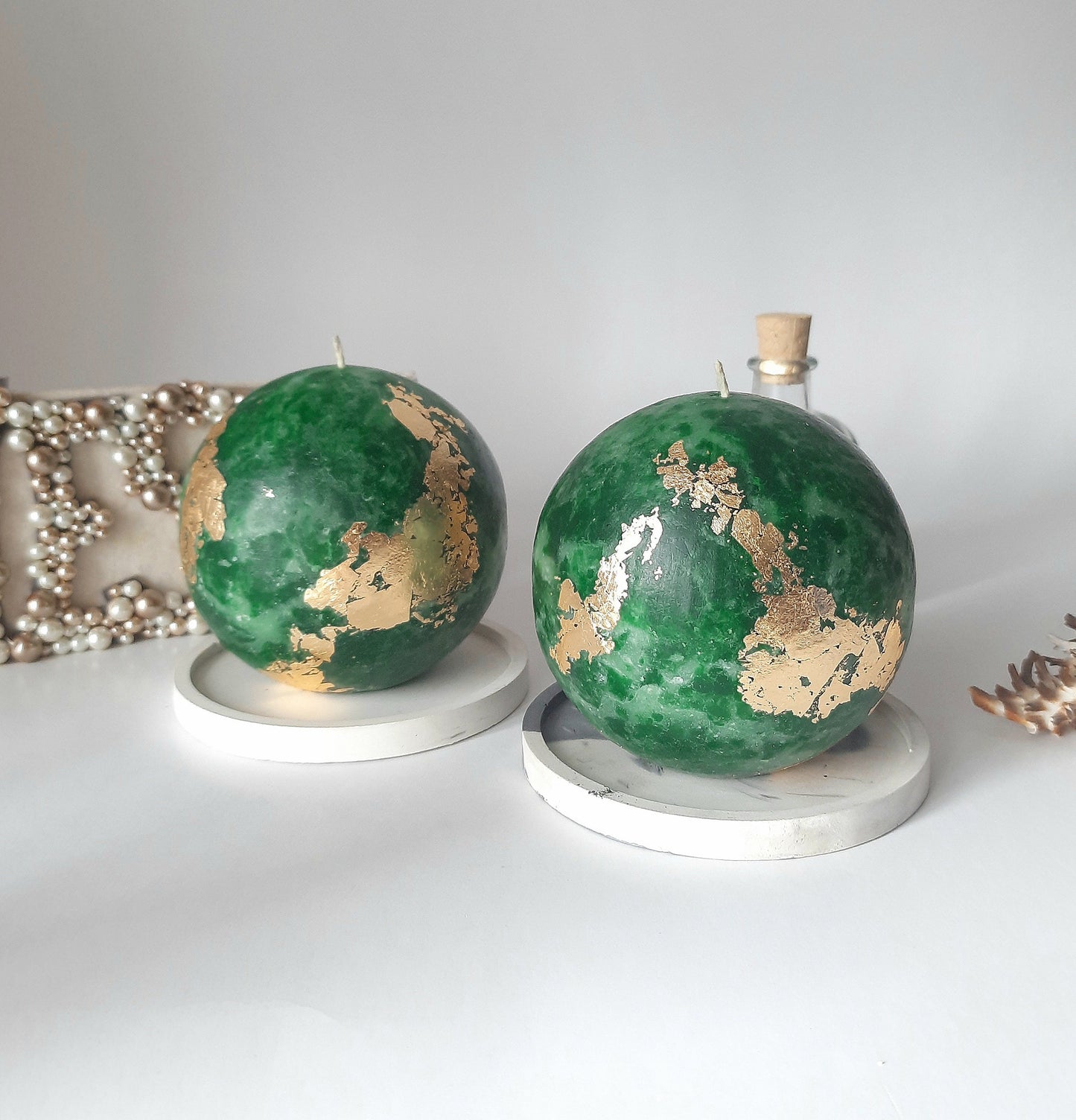 Set of 2 Emerald green ball candles. Unique candles for emerald green decor. Dark green candle. Christmas candles