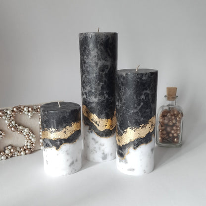 Black gold pillar candles . Set of3  Unscented candles with gold decor. Candle gift set