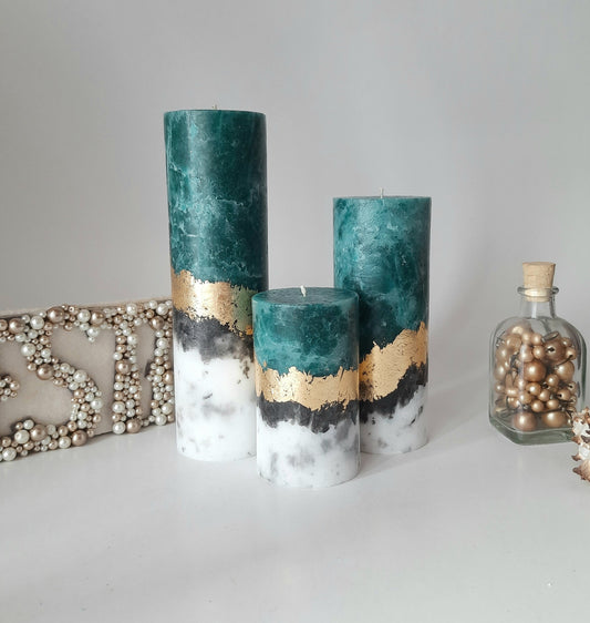 Set of 3 Teal pillar candles.Unique candle. Unscented candles with gold decor. Designer Candle gift set
