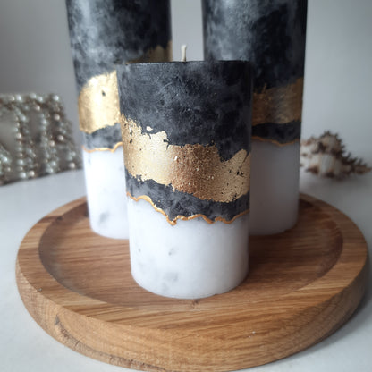 Black White Gold Candle Gift Set, 3 Handmade Pillar Candles with Wooden Candle Holder