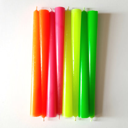Neon taper candles. Set o 6 decorative candles sticks. Bright Hot Pink Orange Green Yellow Dinner candles 8 1/2" or 11"