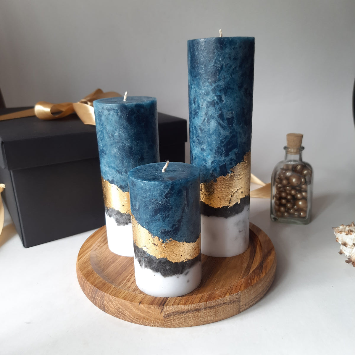 Candle Gift Set of 3 candles. Handmade Pillar Candles with Wooden Candle Holder, Housewarming gift and Christmas candle gift