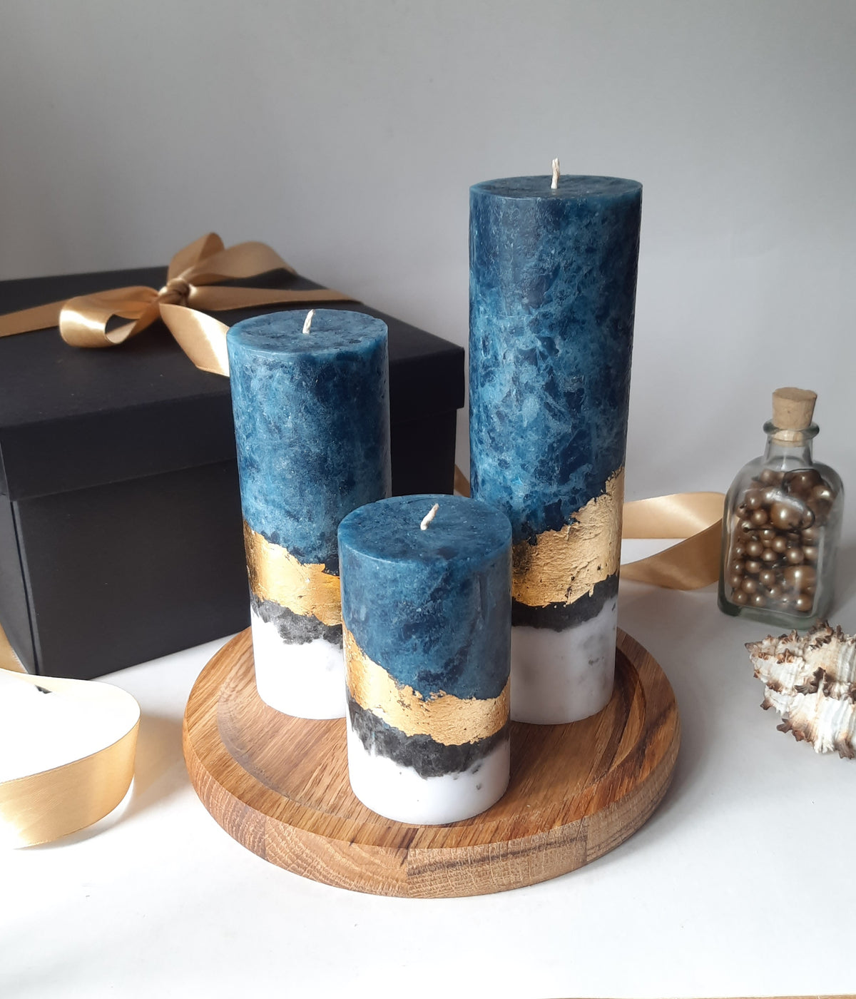 Candle Gift Set of 3 candles. Handmade Pillar Candles with Wooden Candle Holder, Housewarming gift and Christmas candle gift
