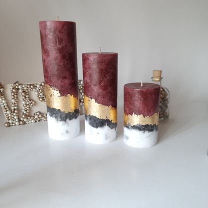 Candle Gift Set of 3 candles. Handmade Pillar Candles with Wooden Candle Holder, Housewarming gift and Christmas candle gift