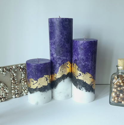 Candle Gift Set of 3 candles. Handmade Pillar Candles with Wooden Candle Holder, Housewarming gift and Christmas candle gift