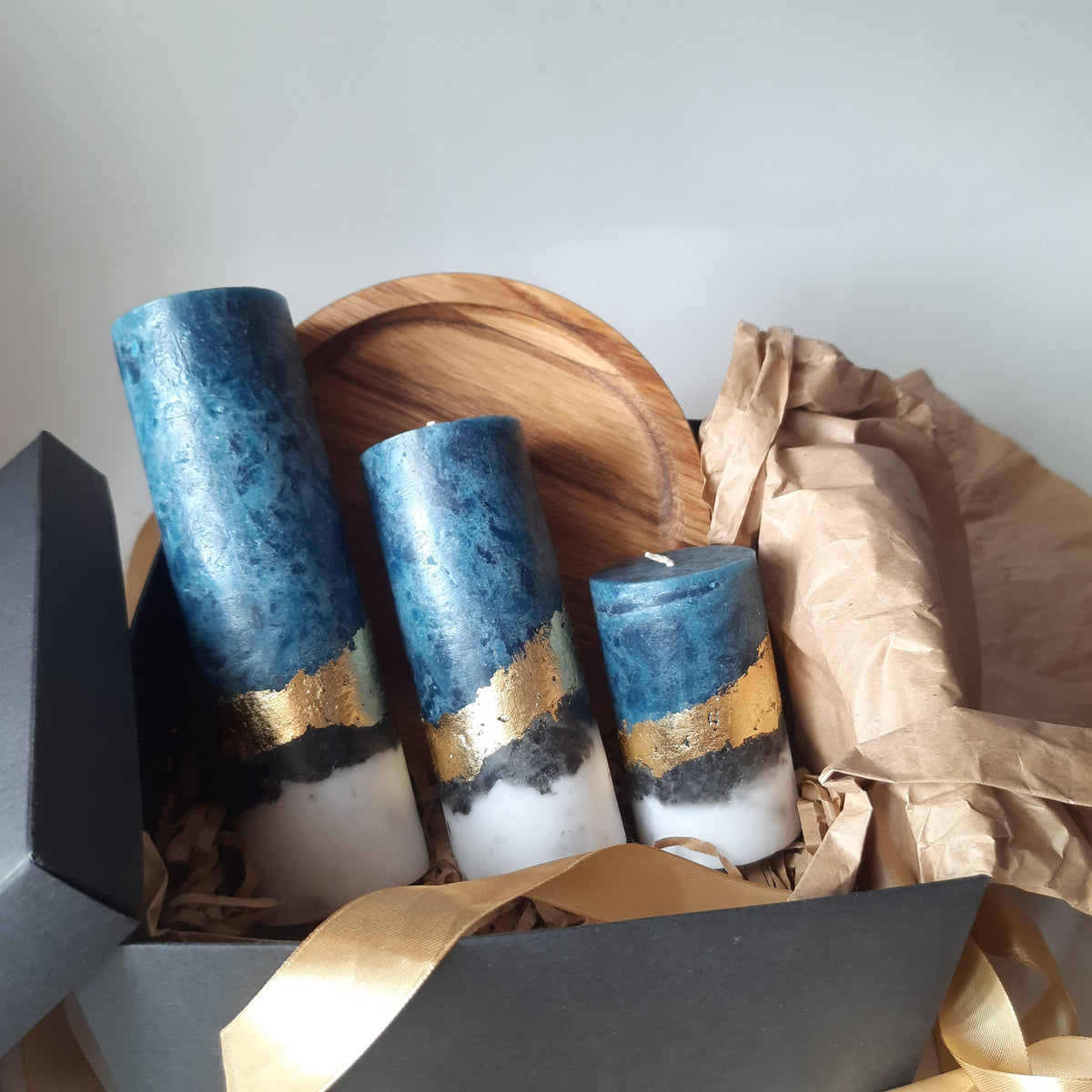 Candle Gift Set of 3 candles. Handmade Pillar Candles with Wooden Candle Holder, Housewarming gift and Christmas candle gift