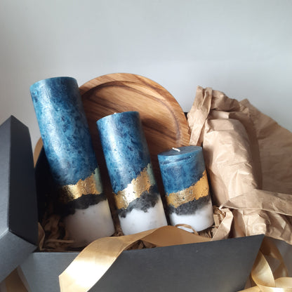 Candle Gift Set of 3 candles. Handmade Pillar Candles with Wooden Candle Holder, Housewarming gift and Christmas candle gift