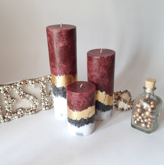 Set of 3 Burgundy pillar candles. Unique candle. Decorative candles, Unscented candles with gold decor. Designer Candle gift set