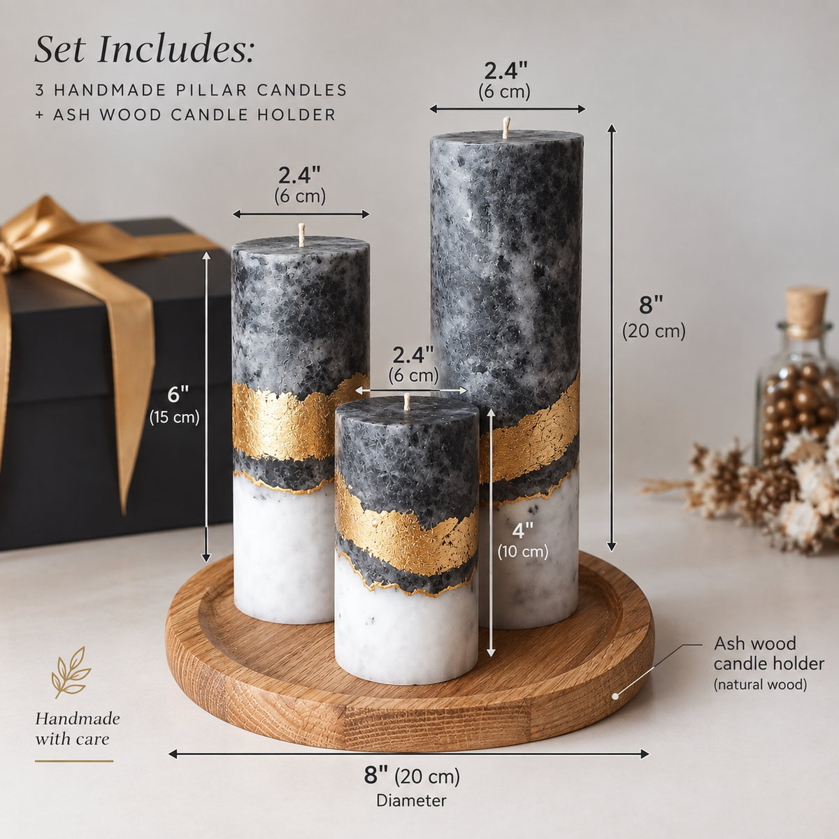 Black White Gold Candle Gift Set, 3 Handmade Pillar Candles with Wooden Candle Holder
