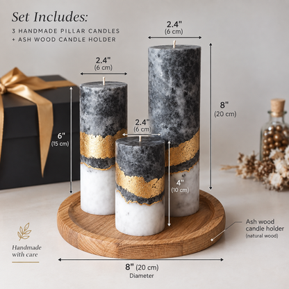 Black White Gold Candle Gift Set, 3 Handmade Pillar Candles with Wooden Candle Holder