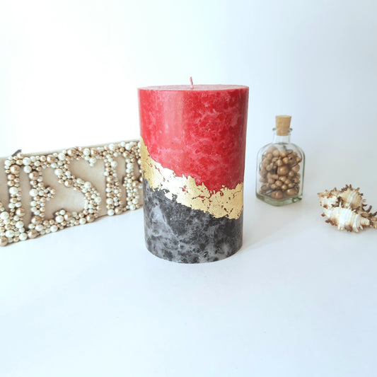 Black Red gold Pillar Candles. Decorative candles wthis gold decor. Wedding candles. Choose the size.