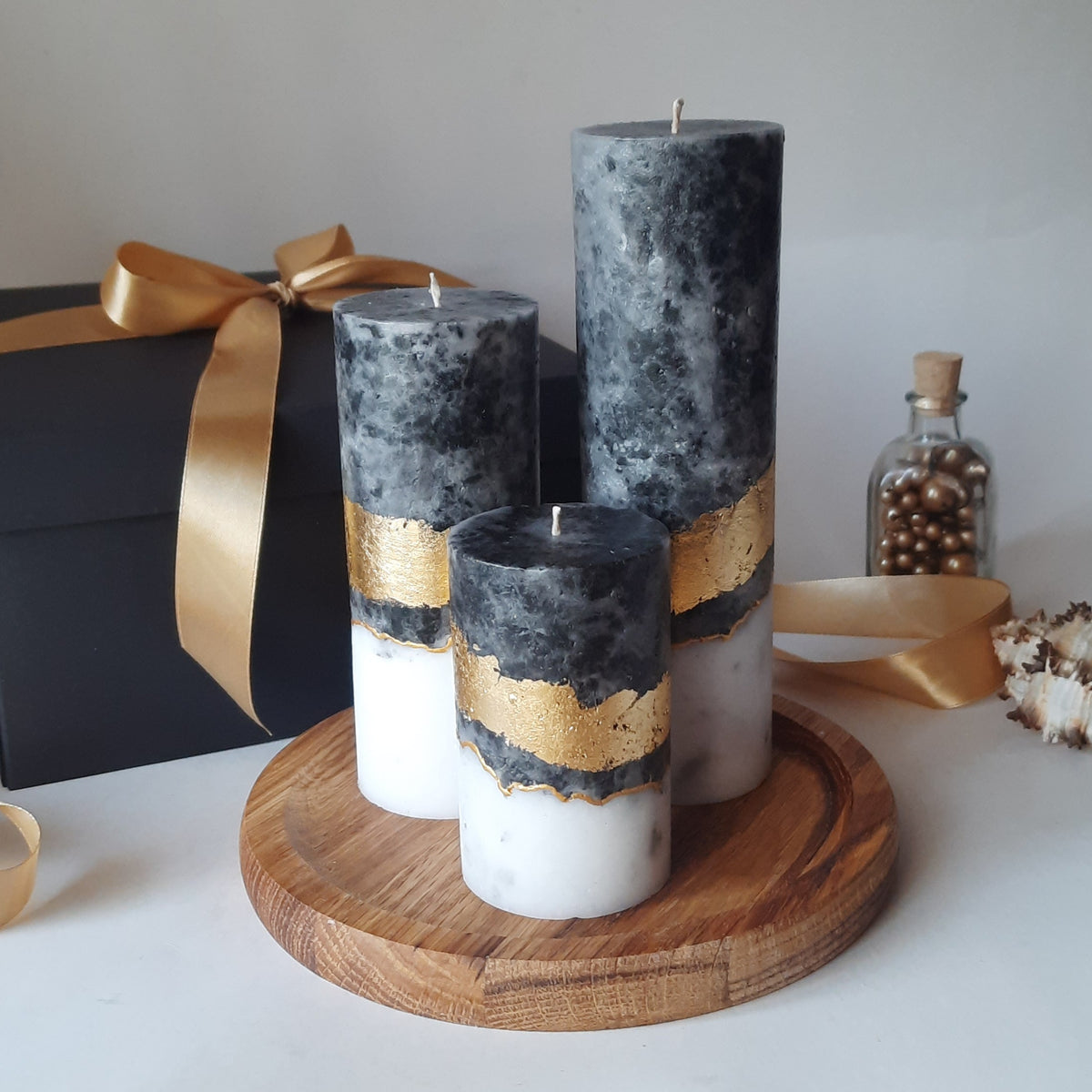 Black White Gold Candle Gift Set, 3 Handmade Pillar Candles with Wooden Candle Holder