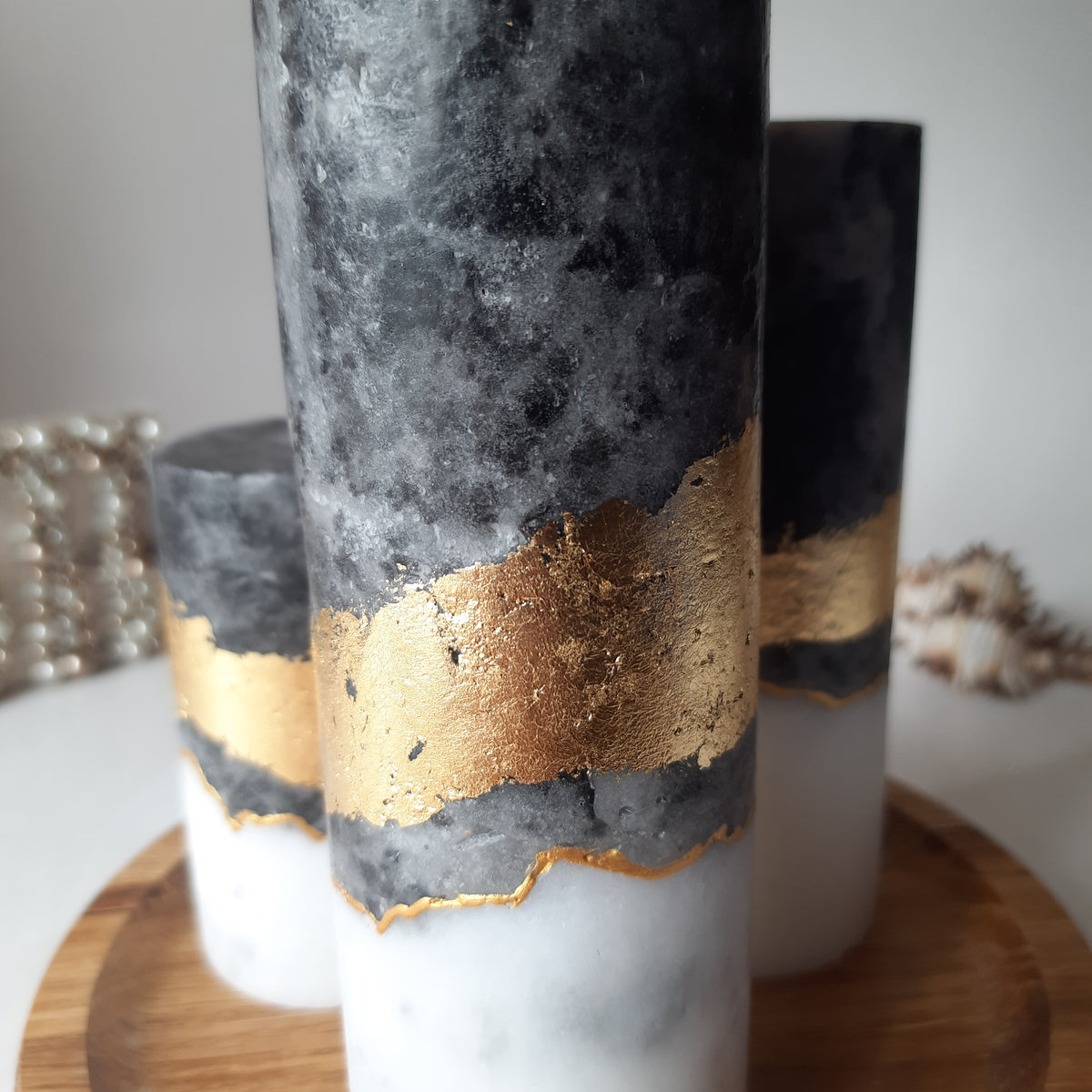 Black White Gold Candle Gift Set, 3 Handmade Pillar Candles with Wooden Candle Holder