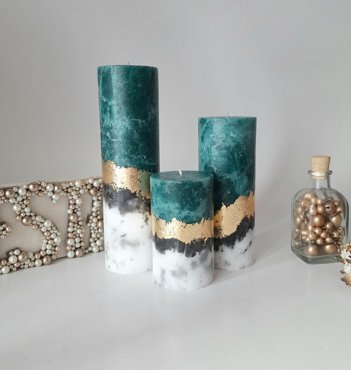 Candle Gift Set of 3 candles. Handmade Pillar Candles with Wooden Candle Holder, Housewarming gift and Christmas candle gift
