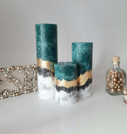 Candle Gift Set of 3 candles. Handmade Pillar Candles with Wooden Candle Holder, Housewarming gift and Christmas candle gift