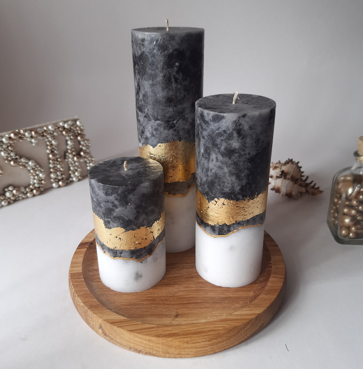Black White Gold Candle Gift Set, 3 Handmade Pillar Candles with Wooden Candle Holder