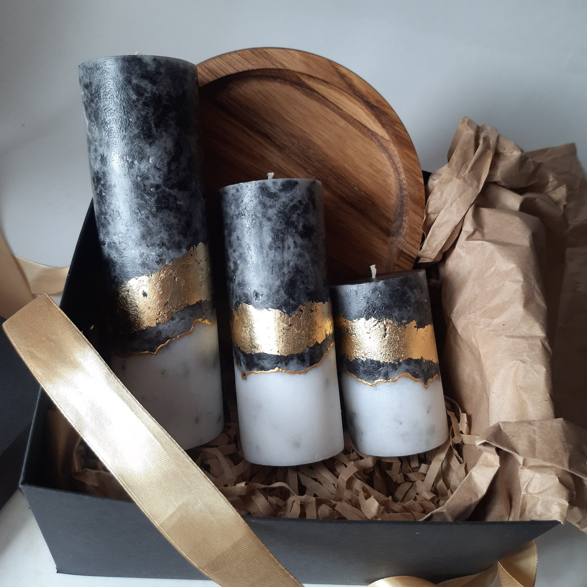 Black White Gold Candle Gift Set, 3 Handmade Pillar Candles with Wooden Candle Holder