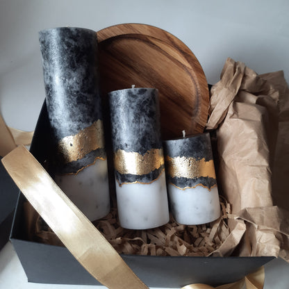 Black White Gold Candle Gift Set, 3 Handmade Pillar Candles with Wooden Candle Holder