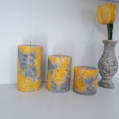 Set of 3 Yellow And Gray Pillar Candles. Decorative candle for unique home decor.