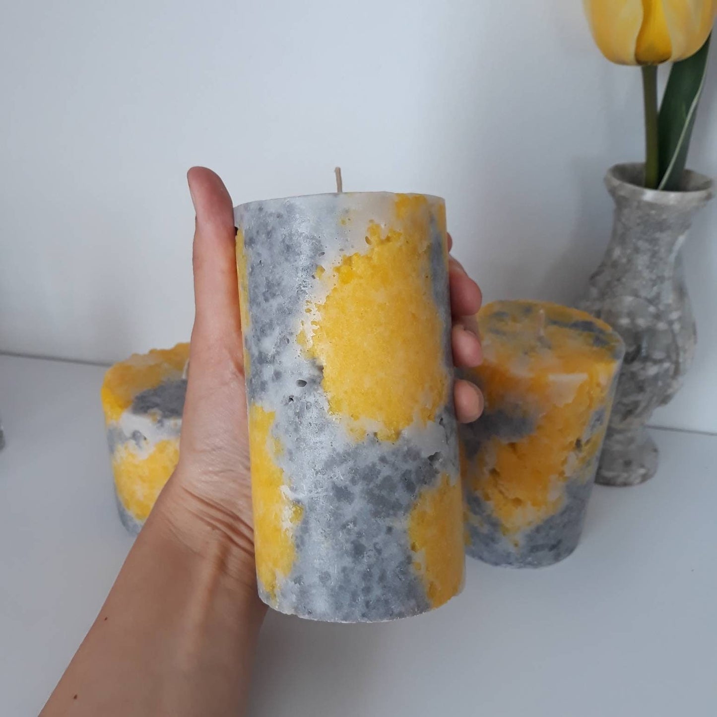 Set of 3 Yellow And Gray Pillar Candles. Decorative candle for unique home decor.Unscented  Designer Candle gift set
