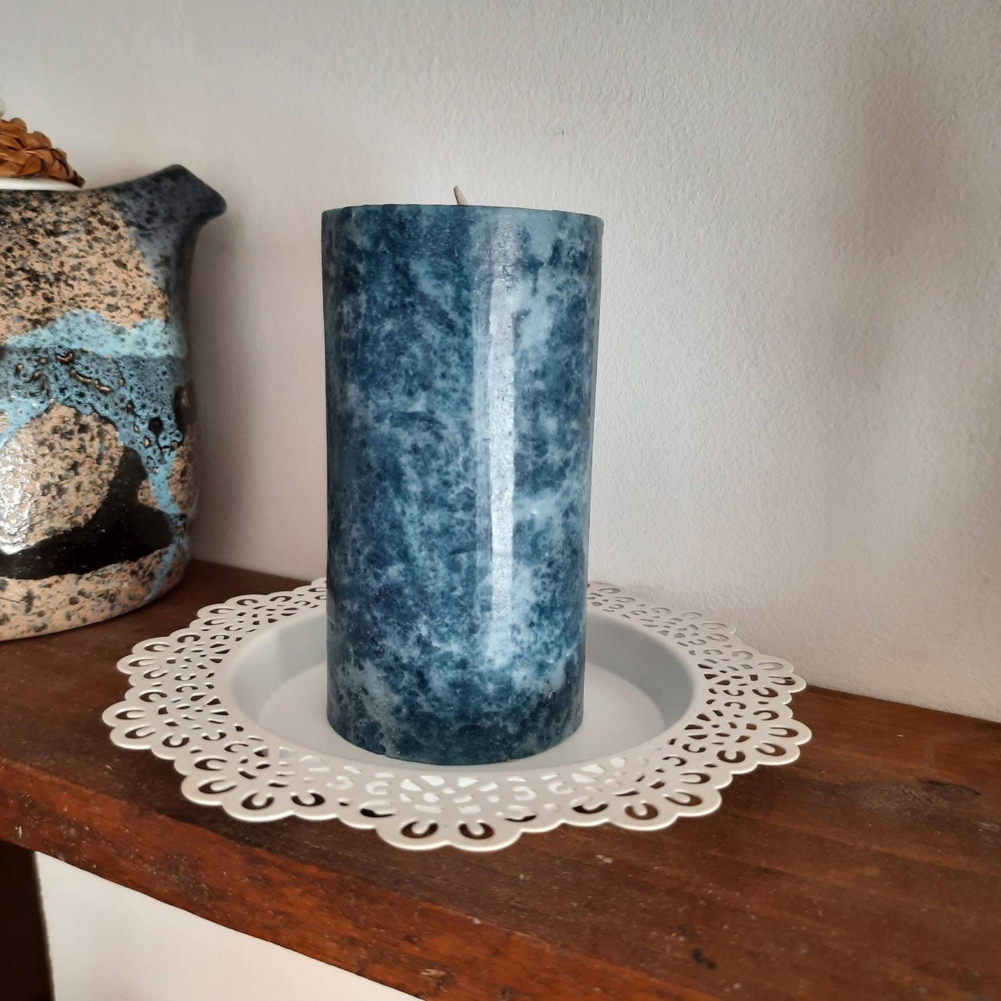 Pillar candle holder. Candle holder plate. White candle holder.  Metal candle holder. Rustic candle holder