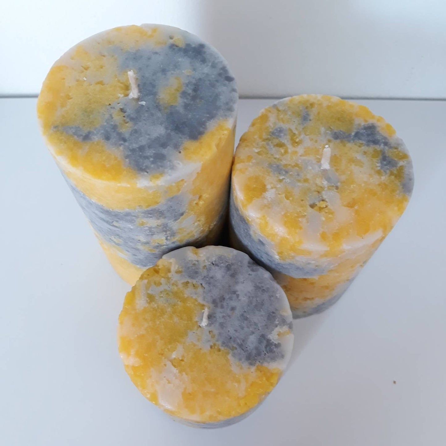 Set of 3 Yellow And Gray Pillar Candles. Decorative candle for unique home decor.