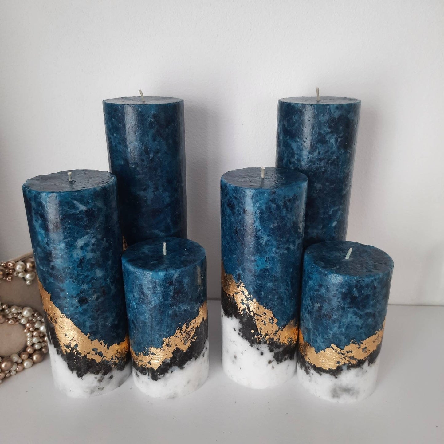 Navy blue pillar candles. Set of 3 Unique candle. Unscented candles with gold decor. Designer candle Marble candles