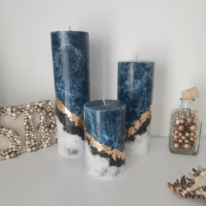 Navy blue pillar candles. Set of 3 Unique candle. Unscented candles with gold decor. Designer candle Marble candles