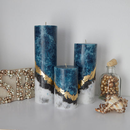 Navy blue pillar candles. Set of 3 Unique candle. Unscented candles with gold decor. Designer candle Marble candles