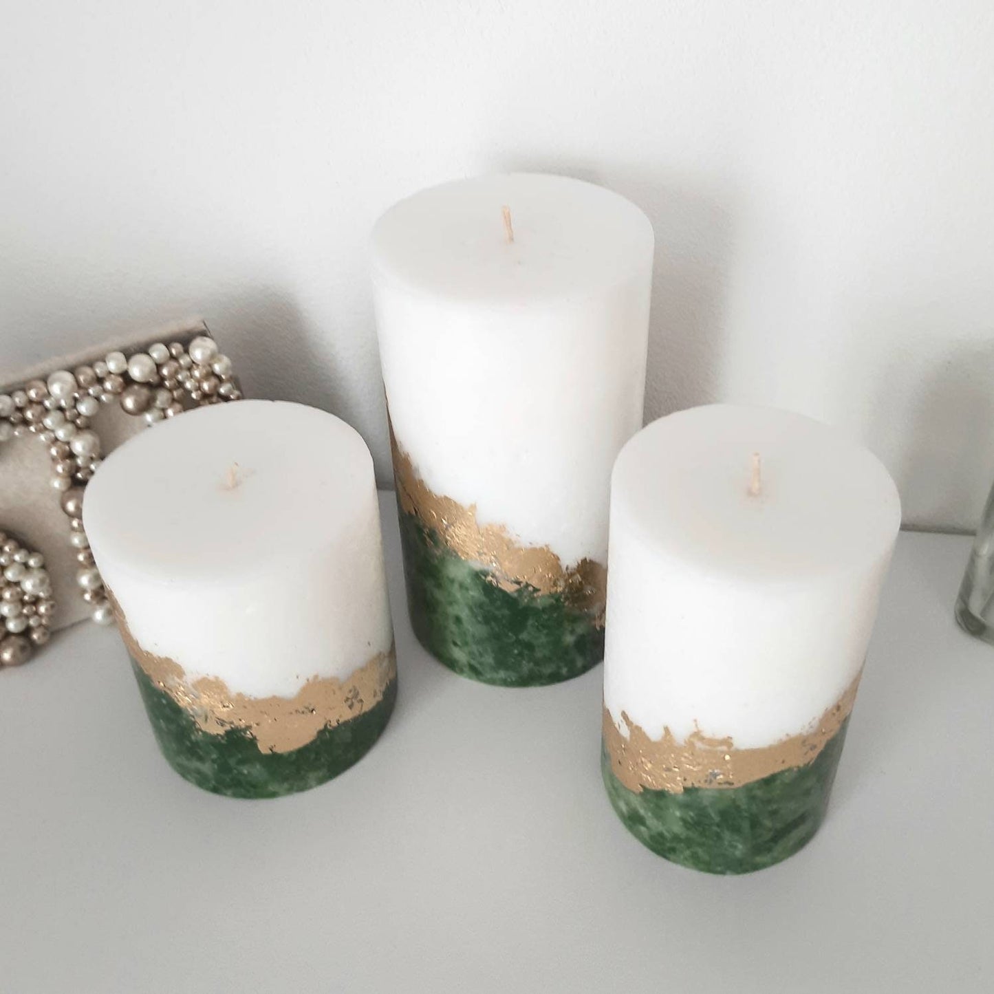 Pillar Candles. Green Candle set of 3 Decorative candles for emerald green decor or Christmas gift. Unscented candles.