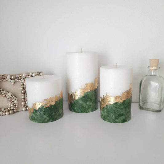 Pillar Candles. Green Candle set of 3 Decorative candles for emerald green decor or Christmas gift. Unscented candles.