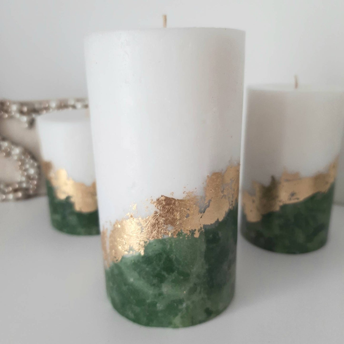 Pillar Candles. Green Candle set of 3 Decorative candles for emerald green decor or Christmas gift. Unscented candles.