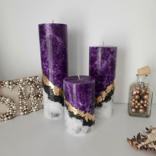 Dark purple pillar candles. Set of 3 Unique candle. Unscented candles with gold decor. Designer candle Marble candles