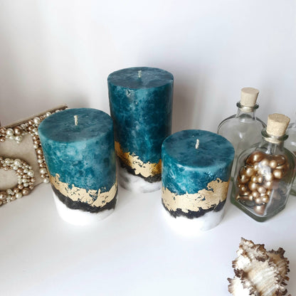 Gold Teal PIllar Candles, set of 3 Unique candles for Teal decor. Turquoise Decorative candle gift. Unscented candles