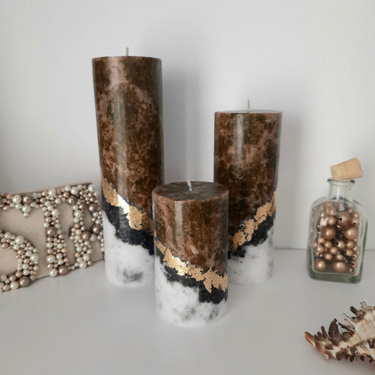 Brown pillar candles. Set of 3 Unique candle. Unscented candles with gold decor. Designer candle Marble candles