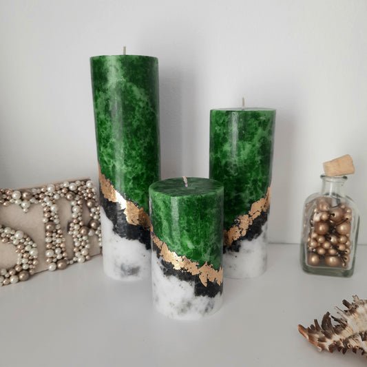 Emerald green pillar candles. Set of 3 Unique candle. Unscented candles with gold decor. Designer candle Marble candles