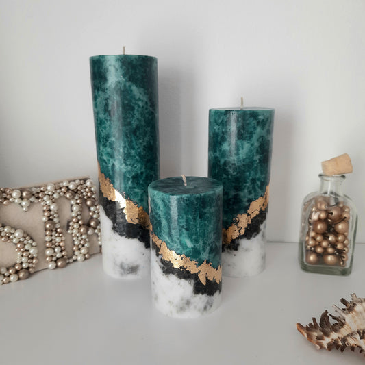 Teal pillar candles. Set of 3 Unique candle. Unscented candles with gold decor. Designer candle Turquoise candles