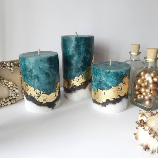 Gold Teal PIllar Candles, set of 3 Unique candles for Teal decor. Turquoise Decorative candle gift. Unscented candles